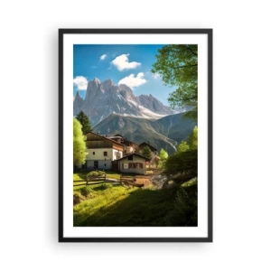 Affiche dans un cadre noir - Poster - Un village de montagne au pied de sommets majestueux - 50x70cm - Idylle alpine - Décoration murale moderne pour le salon et la chambre ARTTOR