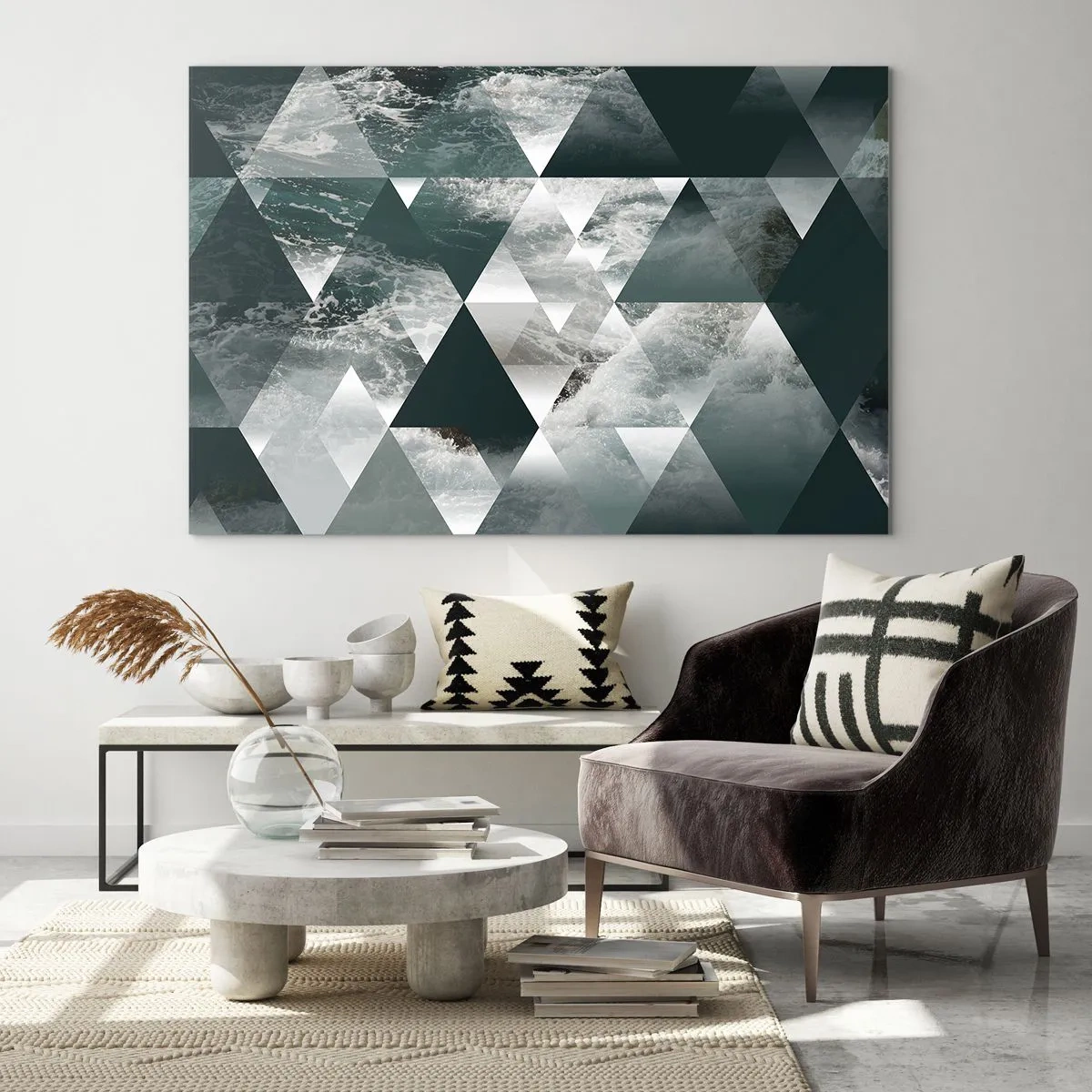 Impression sur verre - Image sur verre - Composition abstraite de triangles avec un motif de vagues d'eau - 120x80cm - Point de vue de cristal - Décoration murale moderne pour le salon et la chambre ARTTOR
