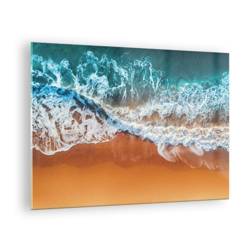 Impression sur verre - Image sur verre - Vue aérienne des vagues de l'océan s'écrasant sur le rivage - 70x50cm - Toujours ensemble - Décoration murale moderne pour le salon et la chambre ARTTOR
