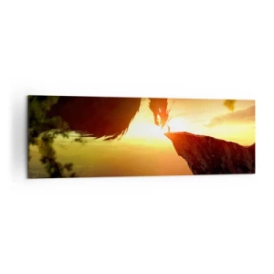 Impression sur toile - Image sur toile - Un dragon et un homme sur un rocher dans la lueur du soleil couchant - 160x50cm - Chasseur de dragon - Décoration murale moderne pour le salon et la chambre ARTTOR