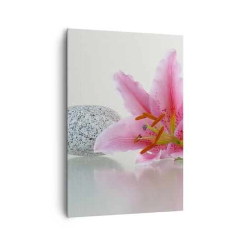 Impression sur toile - Image sur toile - Fleur de lys rose avec des pierres sur un fond clair - 70x100cm - Étude de rose, gris et blanc - Décoration murale moderne pour le salon et la chambre ARTTOR