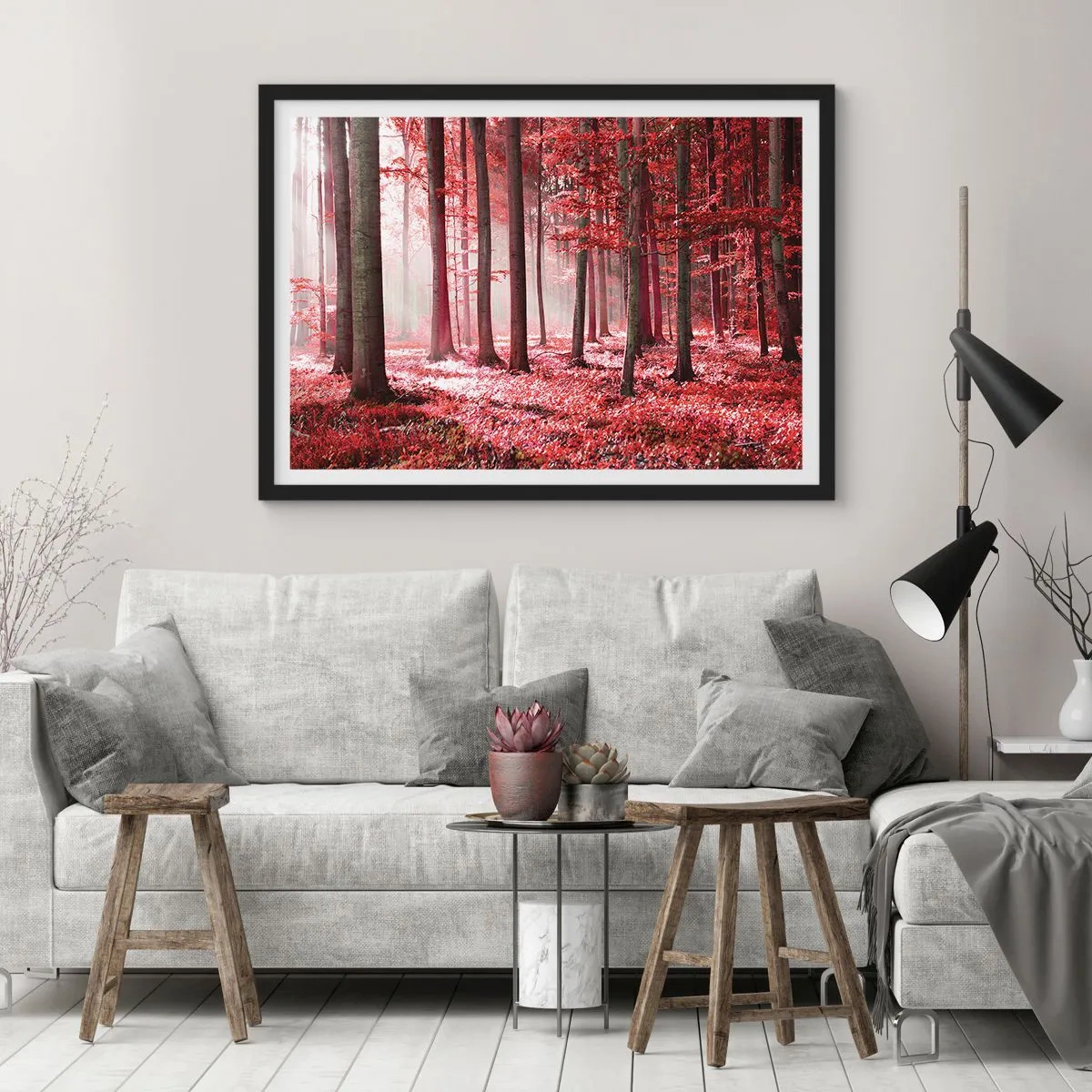 Affiche dans un cadre noir - Poster - Une forêt époustouflante aux teintes rouges avec des rayons de lumière pénétrant à travers les arbres - 70x50cm - Le rouge est tout aussi beau - Décoration murale moderne pour le salon et la chambre ARTTOR
