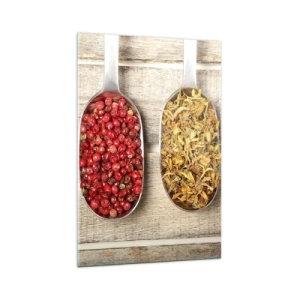 Impression sur verre - Image sur verre - Trois cuillères en métal avec des épices sur un fond en bois - 70x100cm - Magie de la cuisine - Décoration murale moderne pour le salon et la chambre ARTTOR