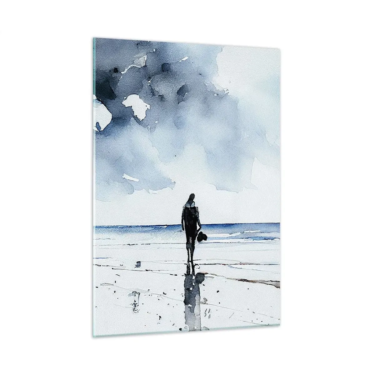 Impression sur verre - Image sur verre - Silhouette d'une personne au bord de la mer dans une aquarelle délicate - 50x70cm - Conversation avec la mer - Décoration murale moderne pour le salon et la chambre ARTTOR