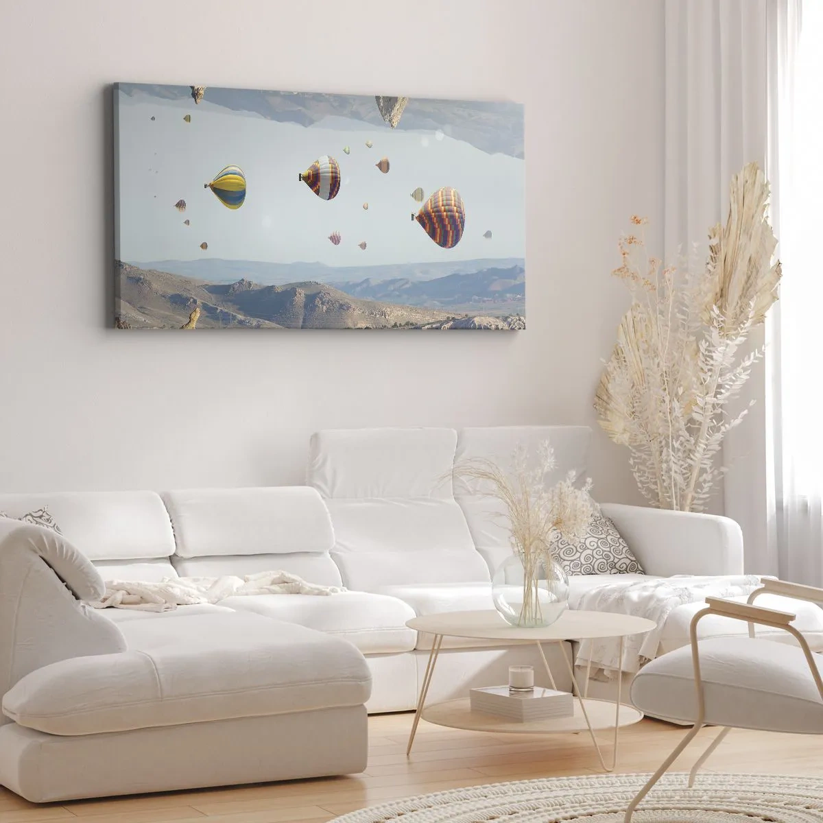 Impression sur toile - Image sur toile - Ballons colorés au-dessus d'un paysage rocheux - 160x50cm - Ici, tout est possible - Décoration murale moderne pour le salon et la chambre ARTTOR