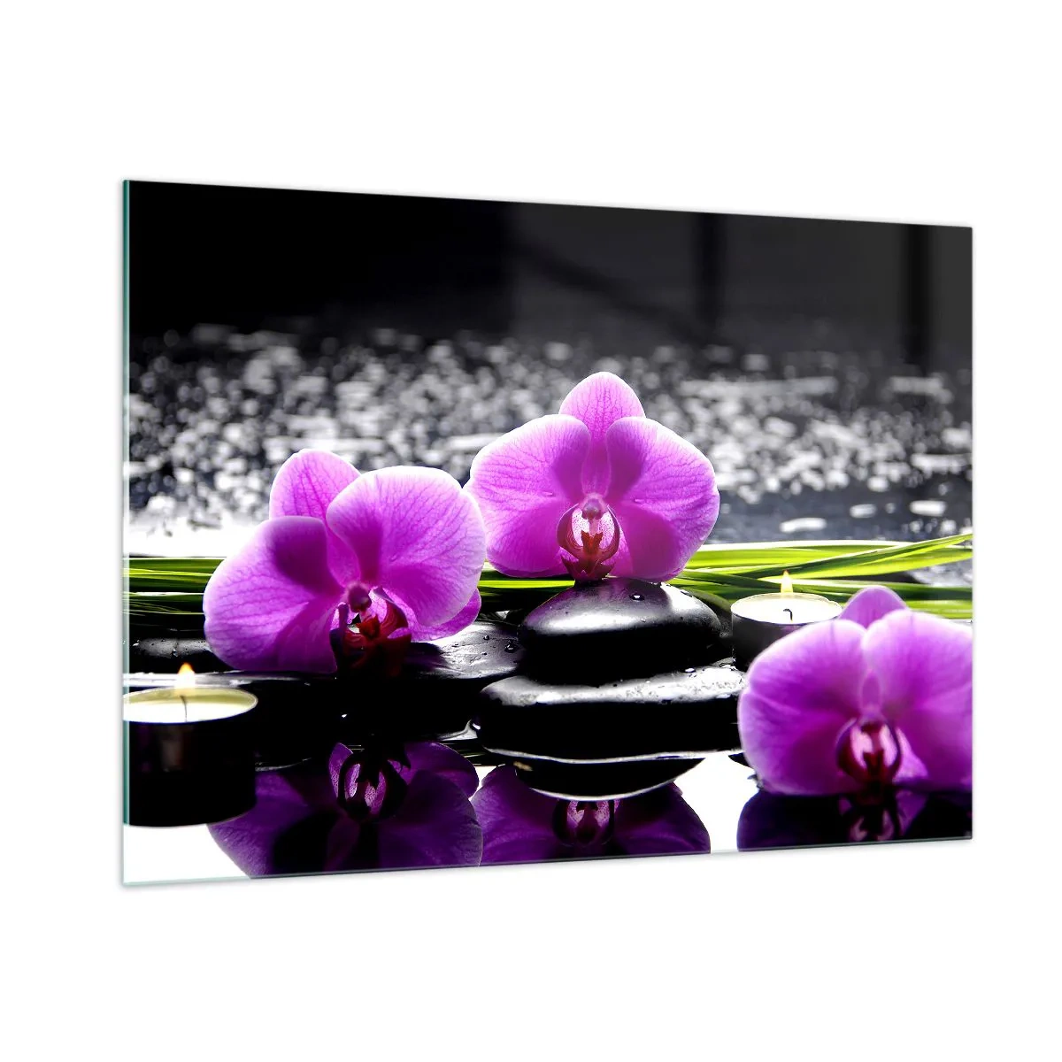 Impression sur verre - Image sur verre - Orchidées violettes avec des pierres et des bougies sur un fond d'eau - 100x70cm - Se noyer dans la paix et la tranquillité - Décoration murale moderne pour le salon et la chambre ARTTOR
