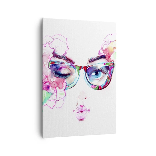 Impression sur toile - Image sur toile - Visage aquarelle avec des lunettes colorées et des fleurs - 70x100cm - Une promesse tentante - Décoration murale moderne pour le salon et la chambre ARTTOR