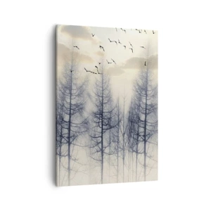 Impression sur toile - Image sur toile - Forêt brumeuse avec des oiseaux contre le ciel du coucher du soleil - 50x70cm - L'âme de la forêt - Décoration murale moderne pour le salon et la chambre ARTTOR