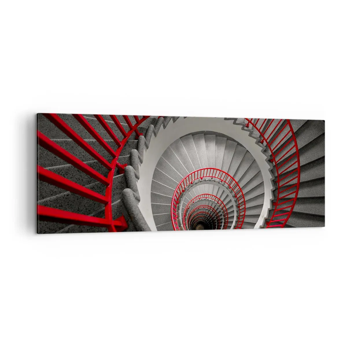 Impression sur toile - Image sur toile - Escalier en colimaçon avec rampes rouges dans une perspective dynamique - 140x50cm - Amusement architectural - Décoration murale moderne pour le salon et la chambre ARTTOR