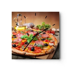 Horloge murale - Pendule murale - Pizza appétissante sur une table en bois avec garnitures - 30x30cm - Avec une vraie saveur italienne - Décoration murale moderne pour le salon et la chambre ARTTOR