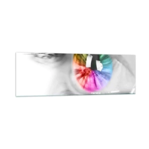 Impression sur verre - Image sur verre - Prise de vue artistique d'un œil avec un iris arc-en-ciel sur fond gris - 160x50cm - Regarde le monde en couleur - Décoration murale moderne pour le salon et la chambre ARTTOR