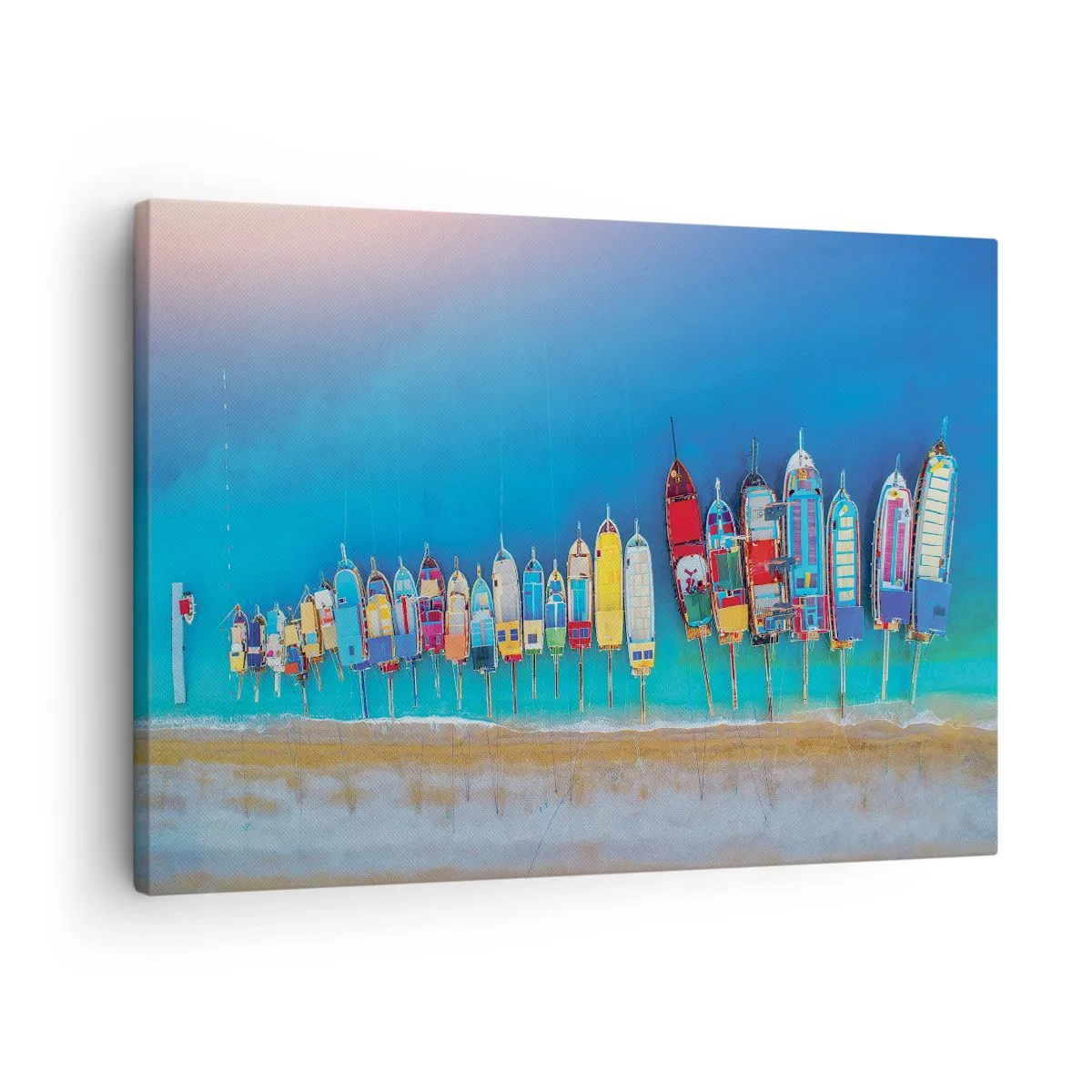 Impression sur toile - Image sur toile - Des bateaux colorés alignés en rangée sur le rivage - 70x50cm - Une vue à vol d'oiseau - Décoration murale moderne pour le salon et la chambre ARTTOR