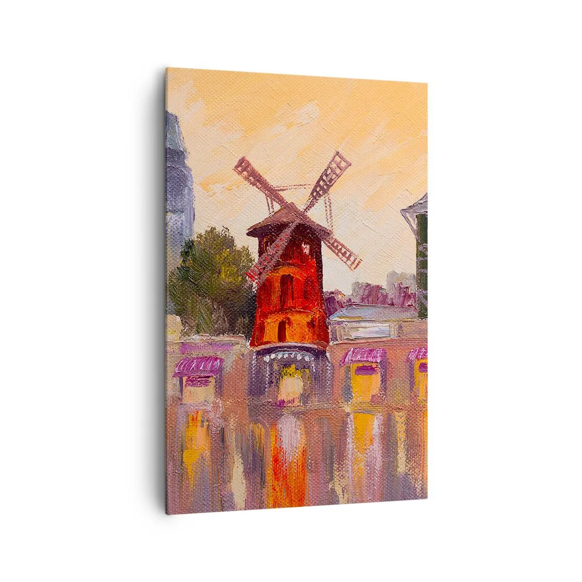 Impression sur toile - Image sur toile - Le moulin à vent rouge du Moulin Rouge entouré par le paysage urbain - 80x120cm - Icones parisiennes – le Moulin rouge - Décoration murale moderne pour le salon et la chambre ARTTOR