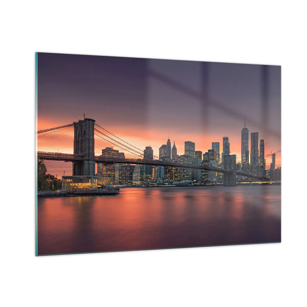 Impression sur verre - Image sur verre - Pont de Brooklyn au coucher du soleil - 100x70cm - Immergé dans le silence lilas - Décoration murale moderne pour le salon et la chambre ARTTOR