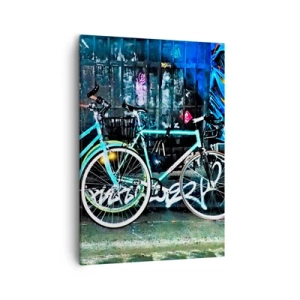 Impression sur toile - Image sur toile - Deux vélos turquoise sur fond de graffitis urbains. - 50x70cm - L'appel de la ville  - Décoration murale moderne pour le salon et la chambre ARTTOR