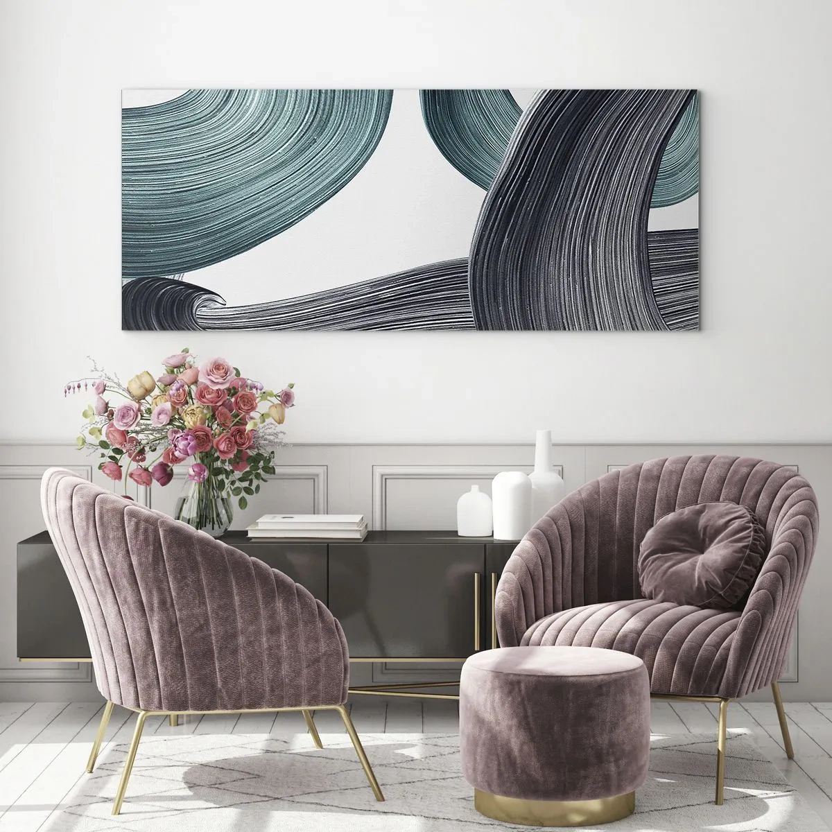 Impression sur verre - Image sur verre - Lignes abstraites fluides dans des tons de vert et de gris - 120x50cm - Sentiers émeraude et noirs - Décoration murale moderne pour le salon et la chambre ARTTOR