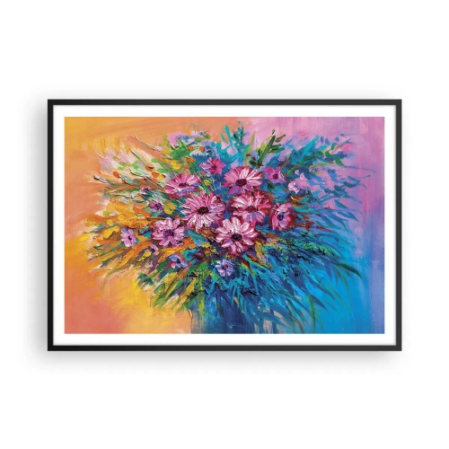 Affiche dans un cadre noir - Poster - Fleurs colorées dans un bouquet sur un fond de couleur pastel - 100x70cm - Énergie de la vie - Décoration murale moderne pour le salon et la chambre ARTTOR