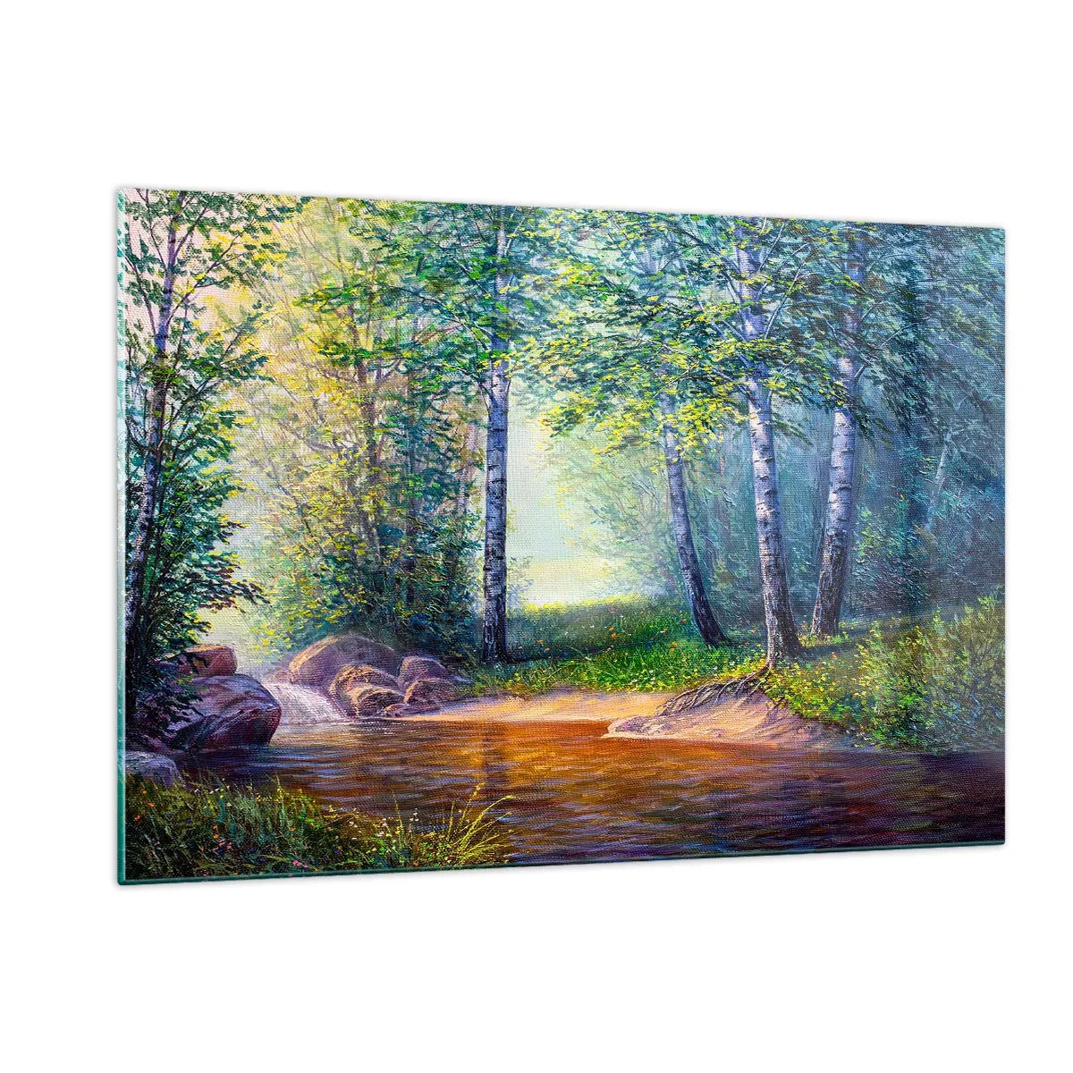 Impression sur verre - Image sur verre - Un ruisseau forestier entouré d'arbres sous les rayons du soleil - 120x80cm - Paysage idyllique - Décoration murale moderne pour le salon et la chambre ARTTOR