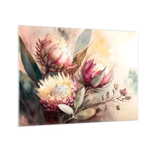 Impression sur verre - Image sur verre - Fleurs de Protea aux couleurs pastel sur un fond artistique - 70x50cm - De profil et de face - Décoration murale moderne pour le salon et la chambre ARTTOR