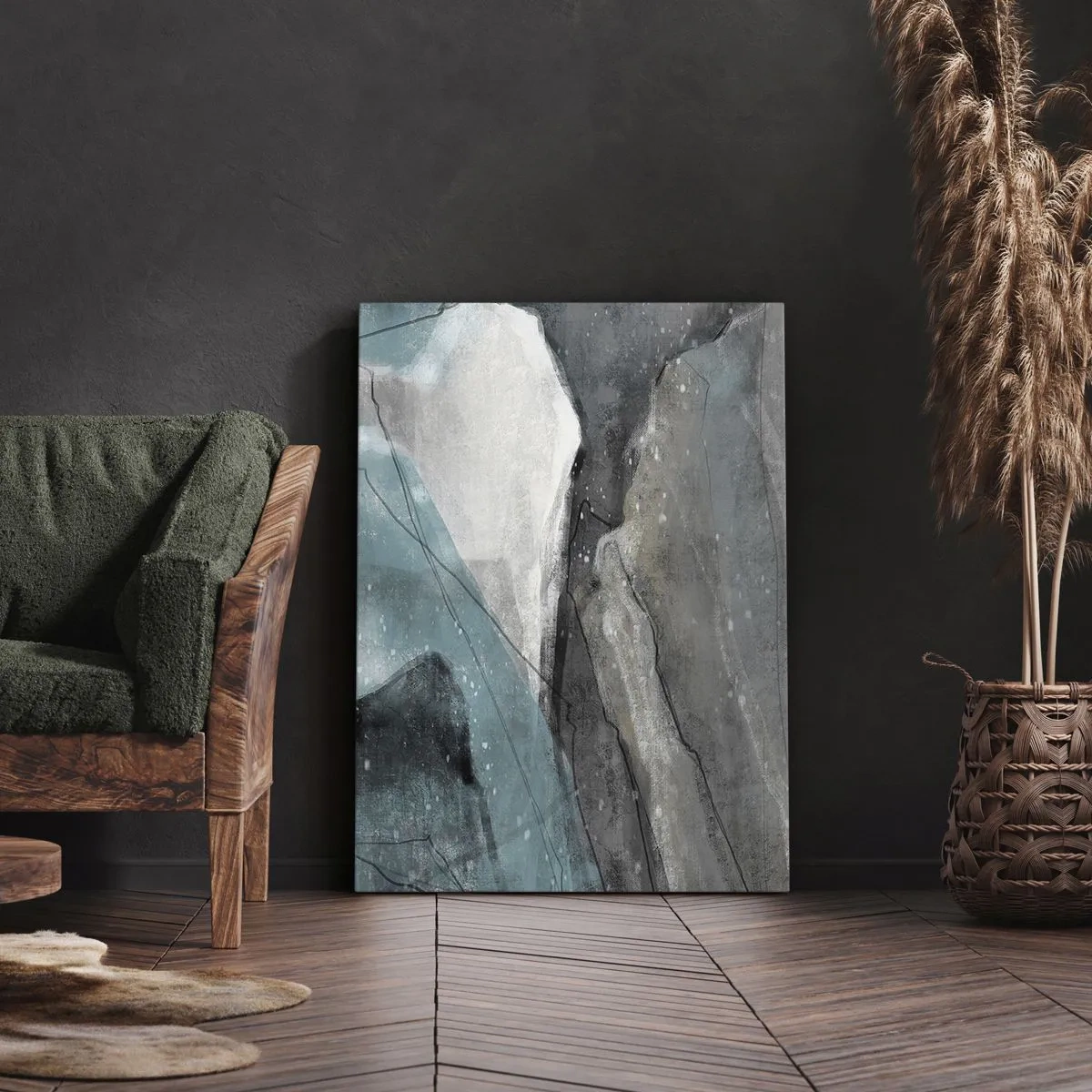 Impression sur toile - Image sur toile - Composition abstraite dans les tons de gris et de bleu - 50x70cm - Résumé : roches et glace - Décoration murale moderne pour le salon et la chambre ARTTOR