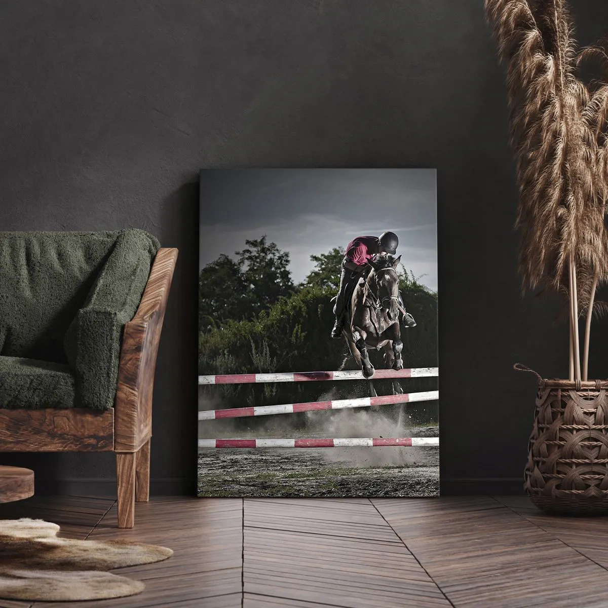 Impression sur toile - Image sur toile - Un cavalier sur un cheval sautant par-dessus un obstacle sur une piste de course - 70x100cm - Ensemble pour la victoire - Décoration murale moderne pour le salon et la chambre ARTTOR