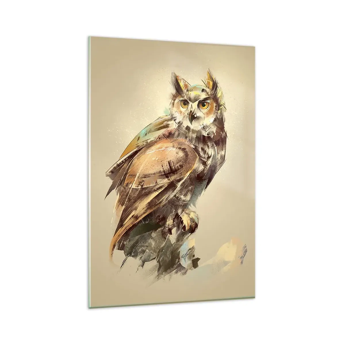 Impression sur verre - Image sur verre - Portrait artistique d'un hibou sur un fond clair dans des tons chauds. - 80x120cm - Le hibou le plus intelligent - confirmera la forêt de chênes - Décoration murale moderne pour le salon et la chambre ARTTOR