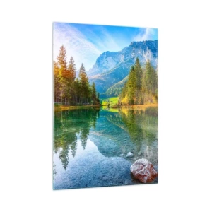 Impression sur verre - Image sur verre - Un lac de montagne entouré de forêt et de sommets majestueux - 50x70cm - Douceur automnale - Décoration murale moderne pour le salon et la chambre ARTTOR