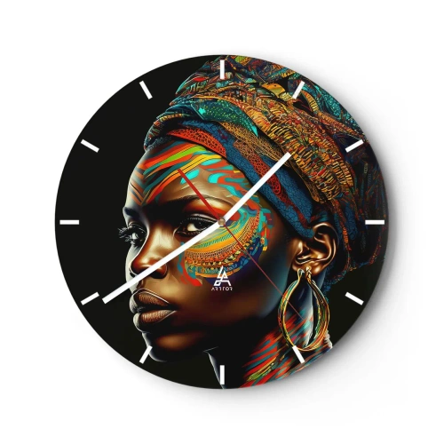 Horloge murale - Pendule murale - Portrait couleur d'une femme portant un turban sur fond noir - 30x30cm - reine africaine - Décoration murale moderne pour le salon, la cuisine et la chambre ARTTOR