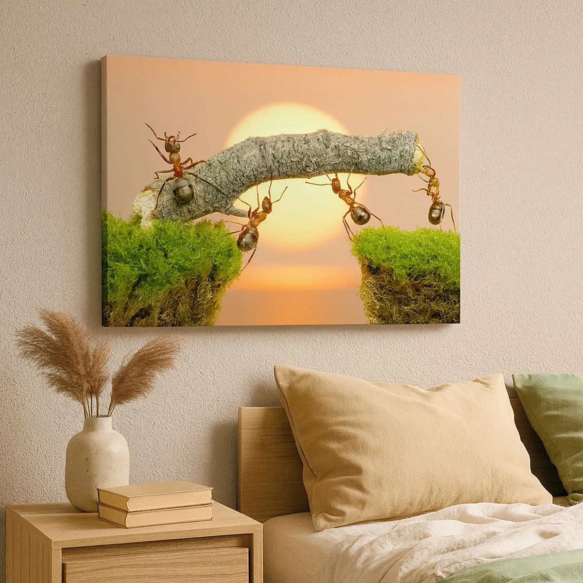 Impression sur toile - Image sur toile - Des fourmis construisent un pont de branches sur fond de soleil couchant. - 70x50cm - La joie, travaille d'équipe - Décoration murale moderne pour le salon et la chambre ARTTOR
