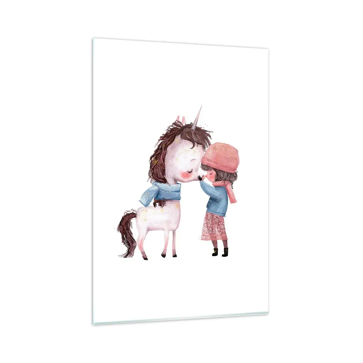 Impression sur verre - Image sur verre - Une fille et une licorne dans un paysage hivernal - 80x120cm - Histoire d'hiver - Décoration murale moderne pour le salon et la chambre ARTTOR