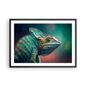 Affiche dans un cadre noir - Poster - Gros plan d'un caméléon aux couleurs intenses - 70x50cm - Vous me voyez? Pas bien… - Décoration murale moderne pour le salon et la chambre ARTTOR