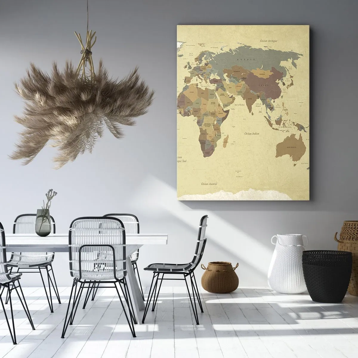 Impression sur toile - Image sur toile - Une carte du monde stylisée dans des tons de beige et de couleurs pastel. - 80x120cm - Pour vous - le monde entier - Décoration murale moderne pour le salon et la chambre ARTTOR