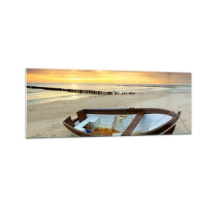 Impression sur verre - Image sur verre - Un bateau sur une plage de sable au coucher du soleil - 140x50cm - Il n'y a pas de plus belles plages - Décoration murale moderne pour le salon et la chambre ARTTOR