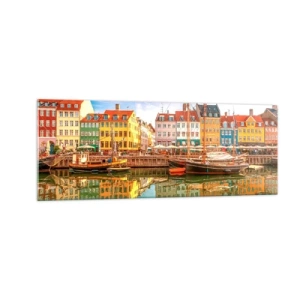 Impression sur verre - Image sur verre - Maisons colorées au bord des canaux de Copenhague - 140x50cm - Aussi lisse qu'un miroir au-dessus de l'eau - Décoration murale moderne pour le salon et la chambre ARTTOR