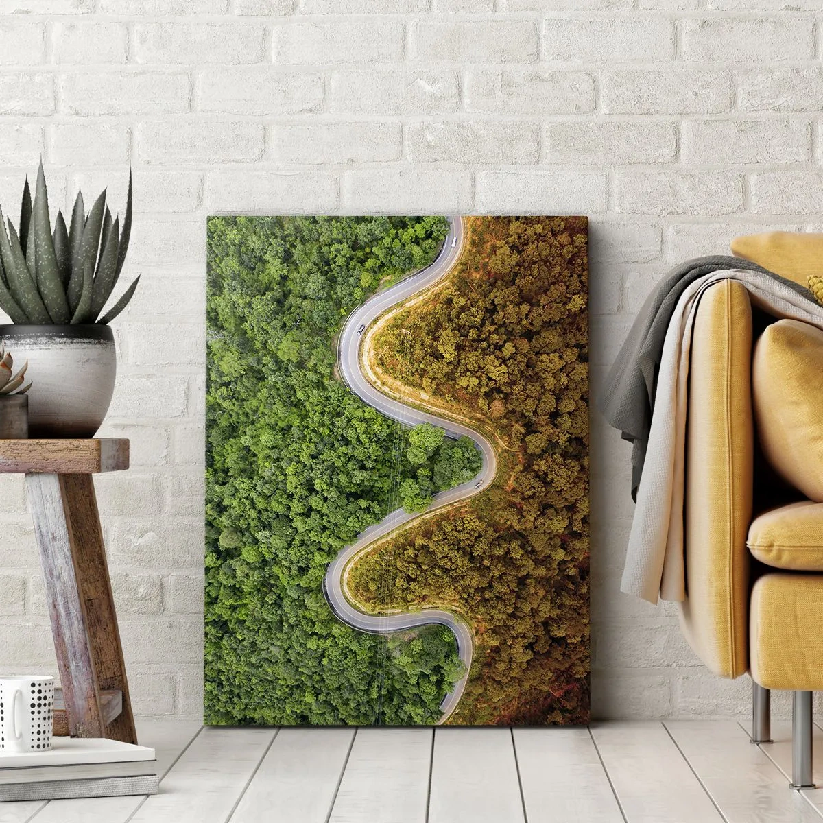 Impression sur toile - Image sur toile - Une route sinueuse à travers la forêt vue à vol d'oiseau - 80x120cm - Frontieres et differences - Décoration murale moderne pour le salon et la chambre ARTTOR