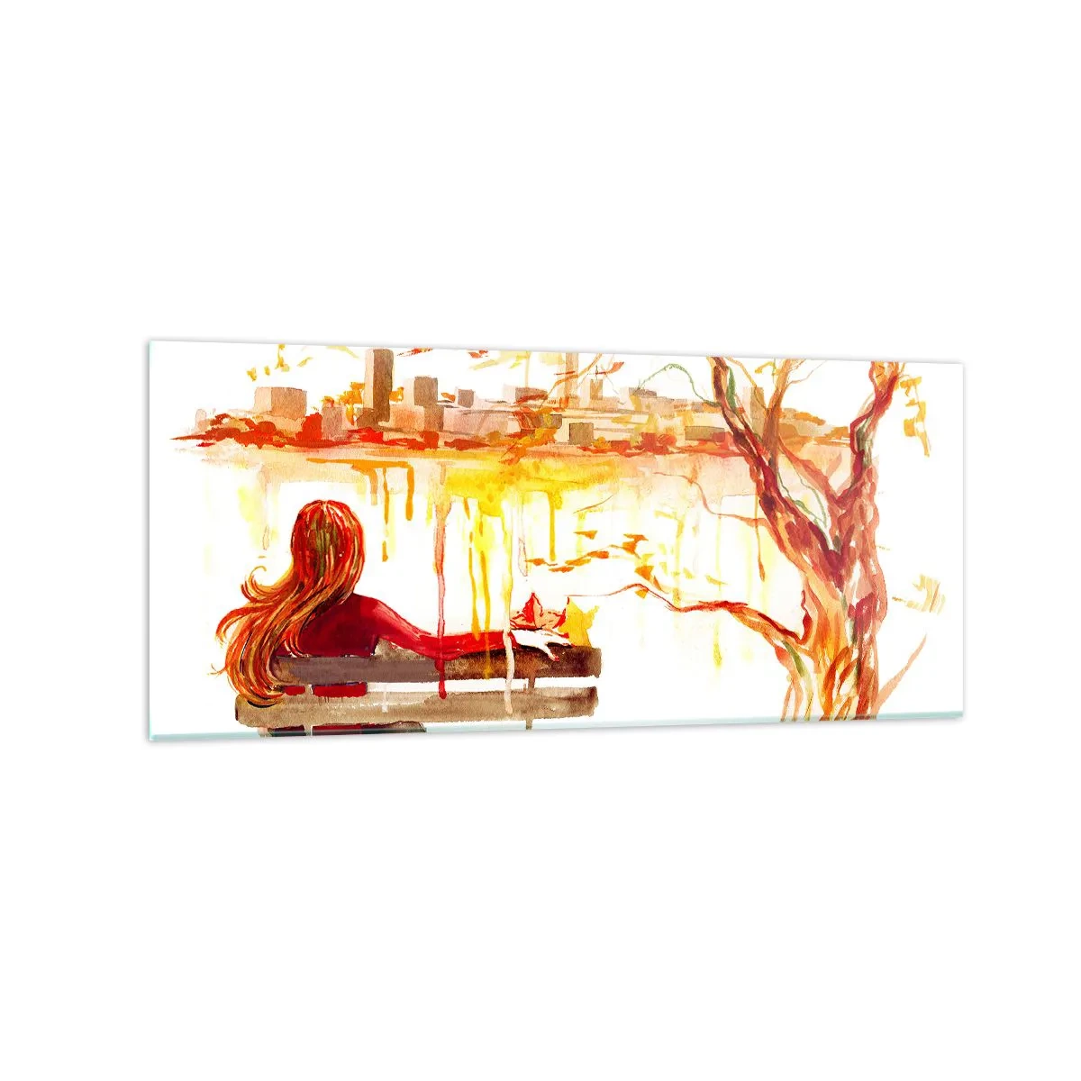 Impression sur verre - Image sur verre - Scène à l'aquarelle d'une femme sur un banc surplombant la ville - 120x50cm - Un moment de réflexion - Décoration murale moderne pour le salon et la chambre ARTTOR