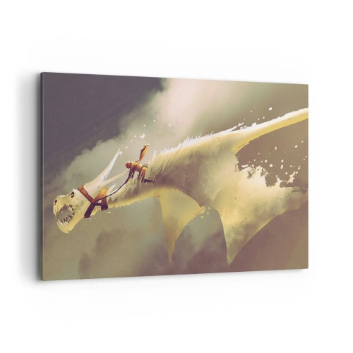Impression sur toile - Image sur toile - Illustration d'un cavalier de dragon dans un paysage nuageux fantastique - 120x80cm - Le monde à la rescousse - Décoration murale moderne pour le salon et la chambre ARTTOR
