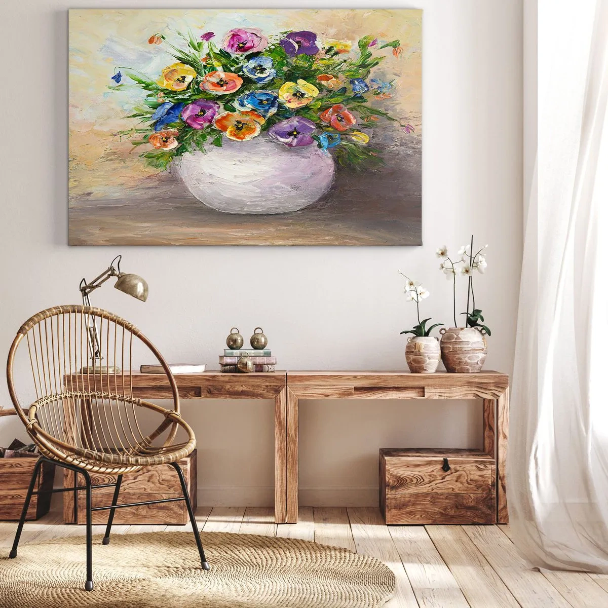 Impression sur toile - Image sur toile - Un bouquet de fleurs colorées dans un vase blanc - 70x50cm - Nature morte dans un vase blanc - Décoration murale moderne pour le salon et la chambre ARTTOR