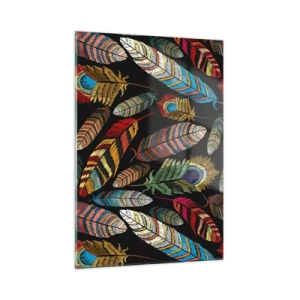 Impression sur verre - Image sur verre - Plumes colorées sur fond sombre dans un motif artistique - 50x70cm - Le carnaval des oiseaux - Décoration murale moderne pour le salon et la chambre ARTTOR