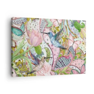Impression sur toile - Image sur toile - Colibris et papillons colorés parmi les plantes - 70x50cm - Empêtré dans les vignes - Décoration murale moderne pour le salon et la chambre ARTTOR