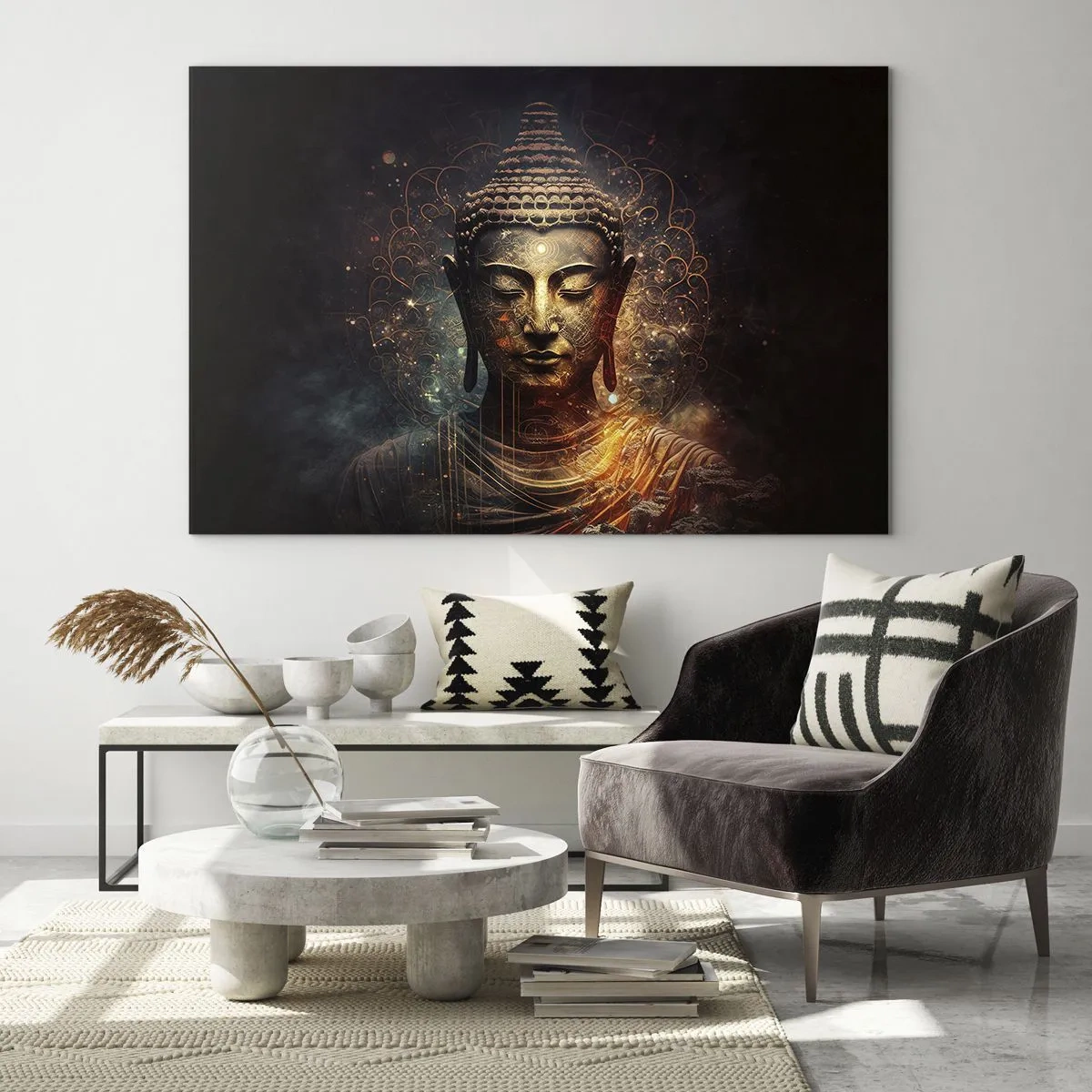 Impression sur verre - Image sur verre - Une figure dorée de Bouddha sur un fond sombre avec des ornements - 70x50cm - Équilibre spirituel - Décoration murale moderne pour le salon et la chambre ARTTOR