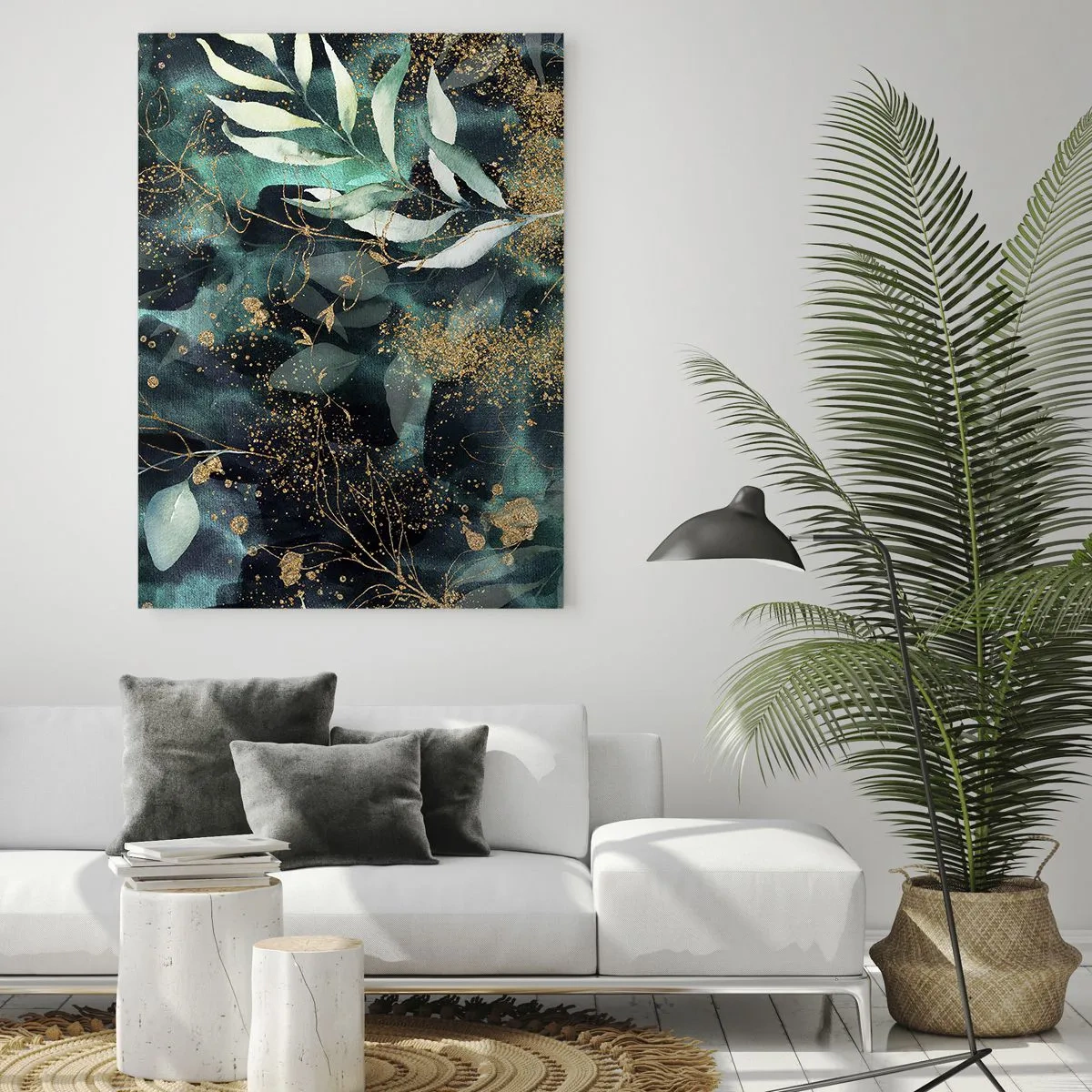Impression sur verre - Image sur verre - Feuilles élégantes sur un fond sombre avec des accents dorés - 80x120cm - Jardin magique - Décoration murale moderne pour le salon et la chambre ARTTOR