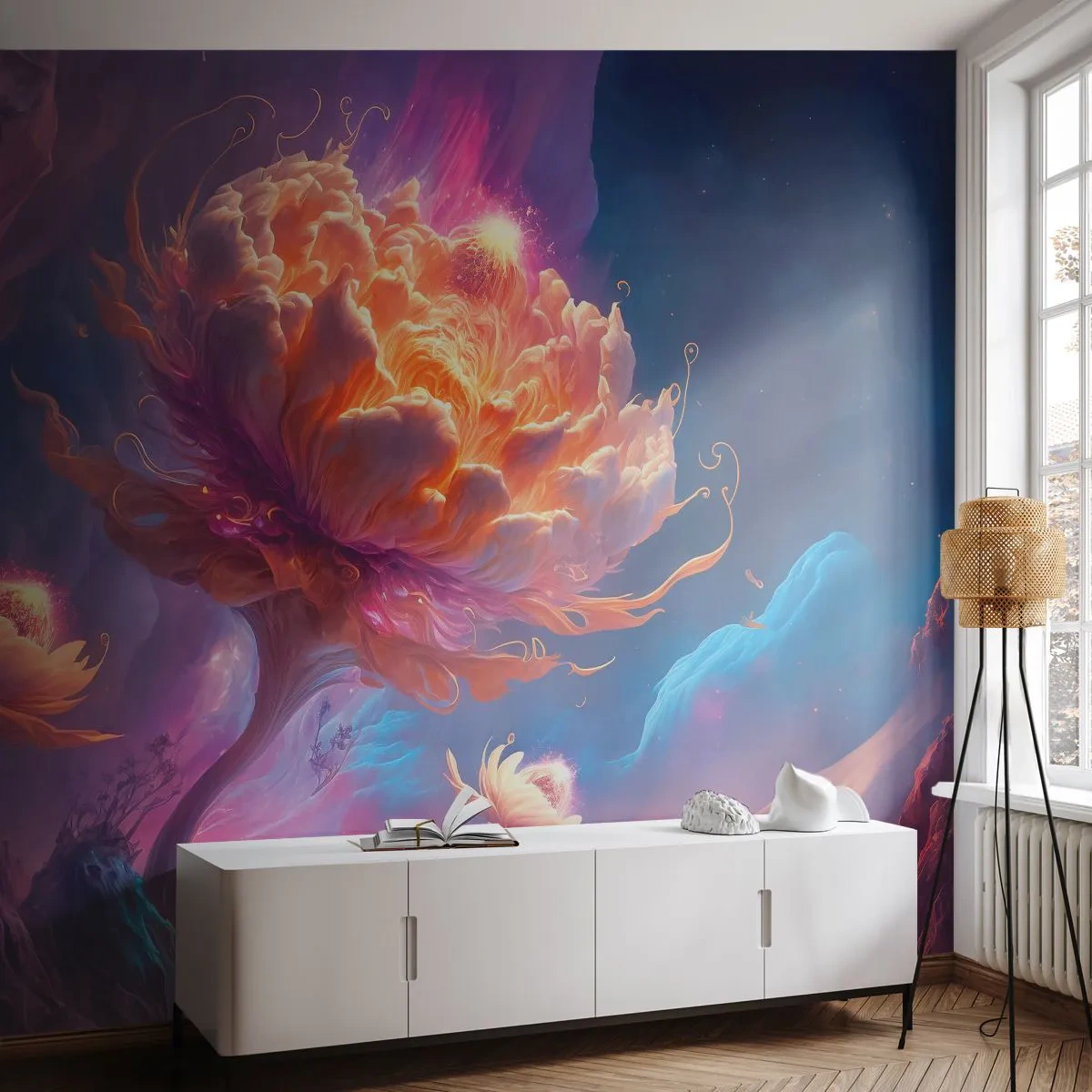 Papier Peint Photo Premium Sand - Une fleur fantastique dans un paysage cosmique - 100x70cm - Un autre monde - Décoration murale moderne pour le salon et la chambre ARTTOR