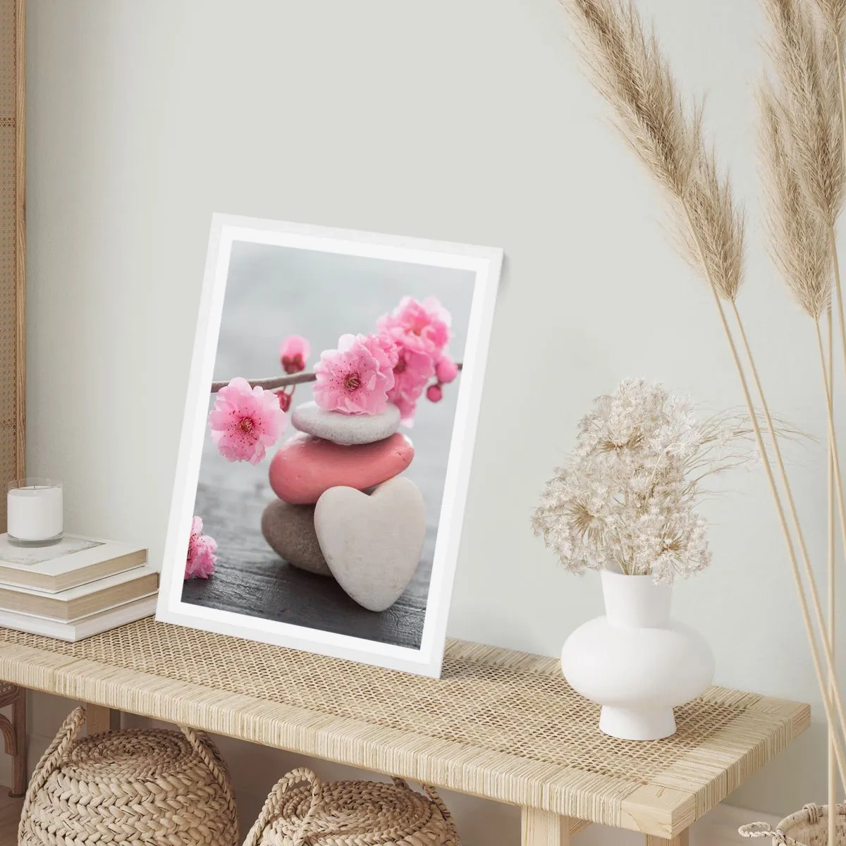 Affiche dans un cadre blanc - Poster - Le bonheur avec une fleur de cerisier - 70x100 cm
