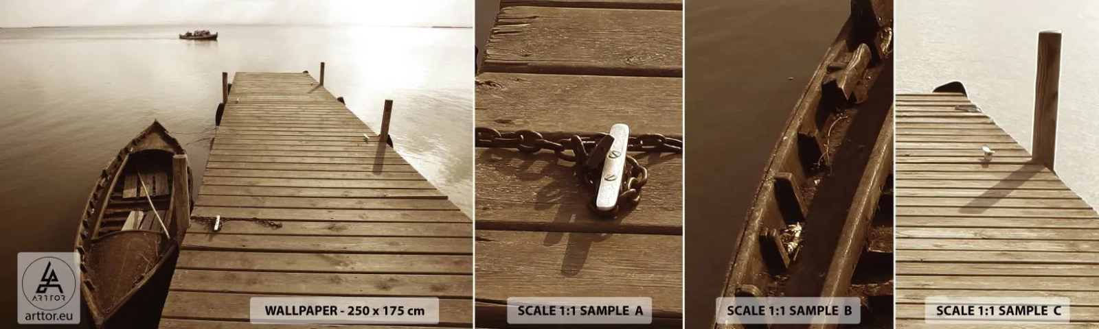 Échantillon de Papier Peint Autocollant Deluxe Sticker - Le grand silence - Paysage, Lac, Pont de bois - 100x30 cm