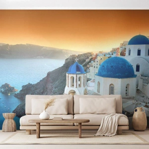 Papier peint sur mesure Standard Eco - Santorin - blotti contre les rochers - Paysage, Grèce, Santorin