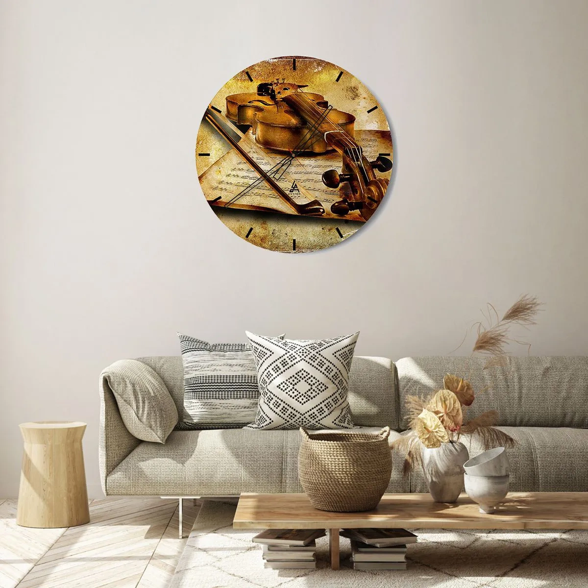 Horloge murale - Pendule murale - Un motif de violon avec des notes de musique sur un fond doré - 30x30cm - Besoin immédiat d'un virtuose - Décoration murale moderne pour le salon, la cuisine et la chambre ARTTOR