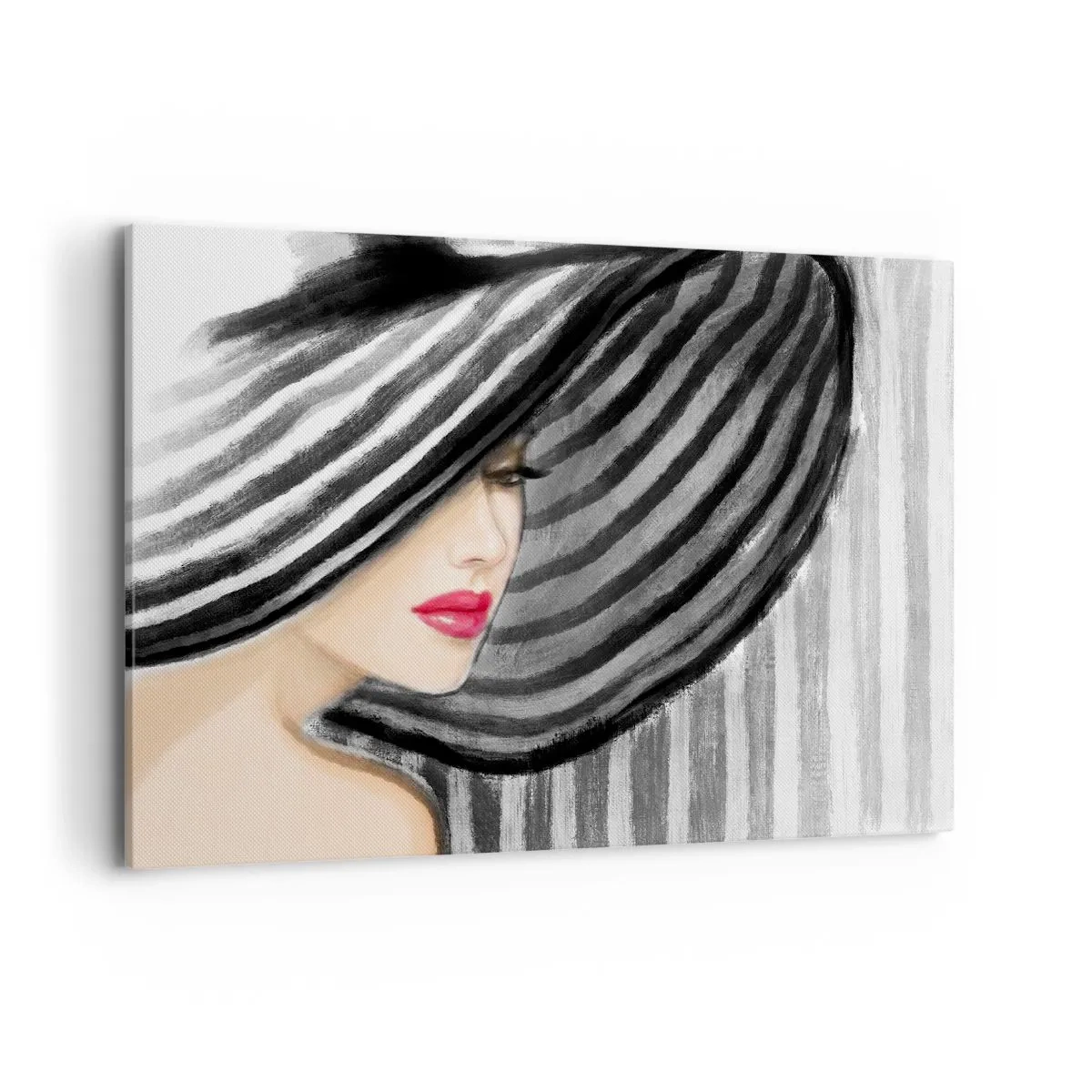 Impression sur toile - Image sur toile - Femme portant un chapeau noir et blanc avec une touche rouge - 100x70cm - Où te chercher ? - Décoration murale moderne pour le salon et la chambre ARTTOR