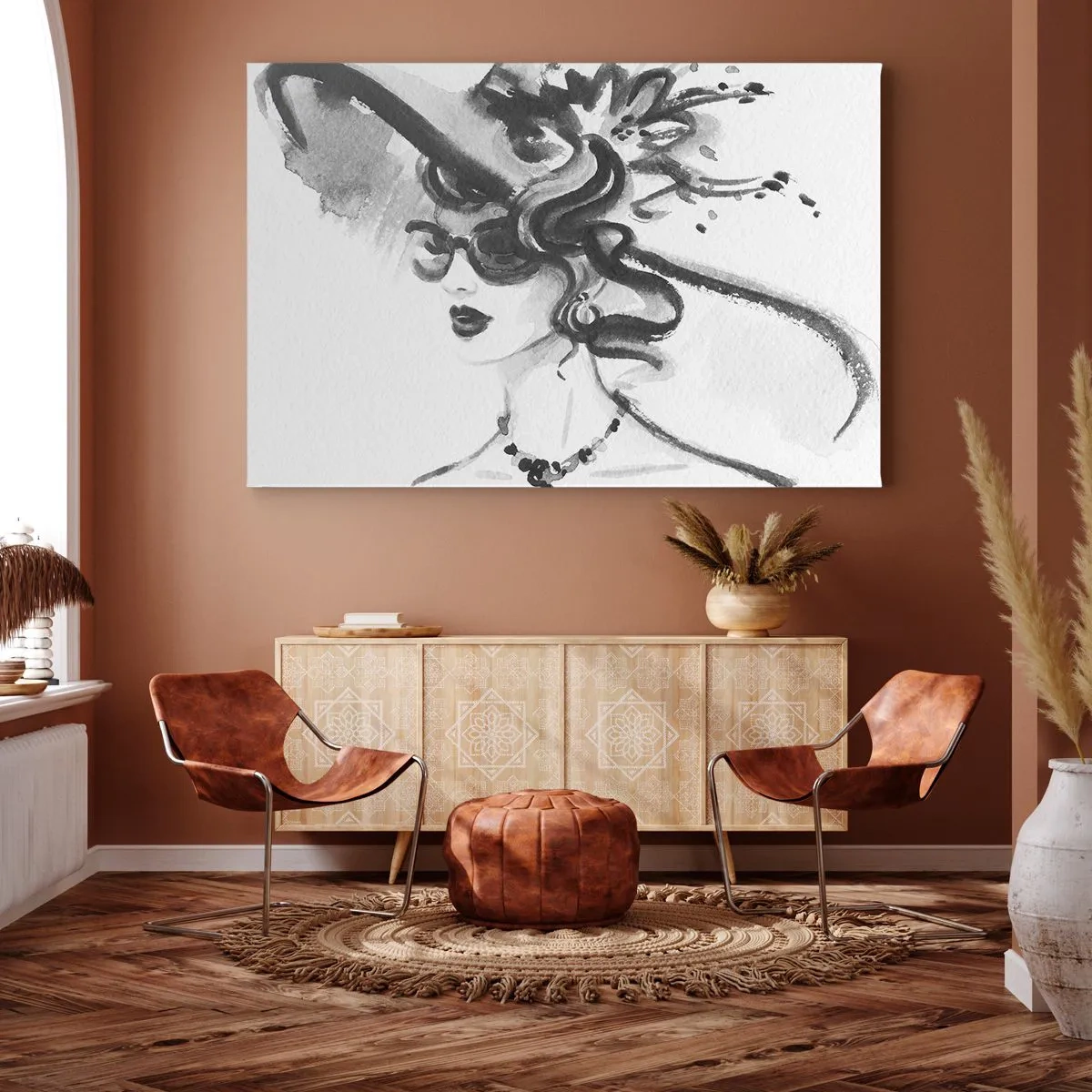 Impression sur toile - Image sur toile - Femme élégante avec un chapeau de style noir et blanc - 70x50cm - Une dame de caractère - Décoration murale moderne pour le salon et la chambre ARTTOR