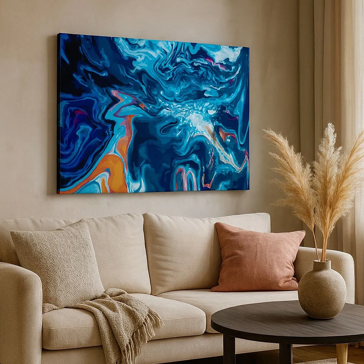Impression sur toile - Image sur toile - Un motif abstrait dans des tons de bleu avec des accents orange. - 70x50cm - Voyage au centre du ciel - Décoration murale moderne pour le salon et la chambre ARTTOR